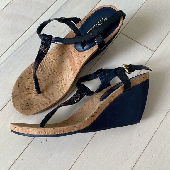 Lauren Ralph Lauren Reeta Buckle T-Strap Cork Wedge Sandals Black Tan Size 9.5B - Picture 2 of 5